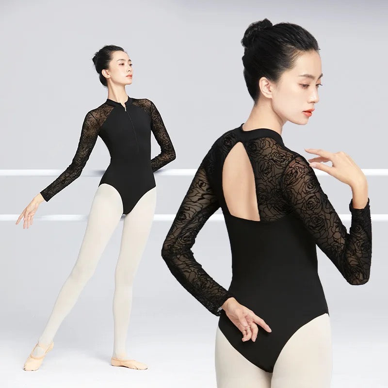The Florence Leotard Flocked long sleeve zip front BLACK Jamzz